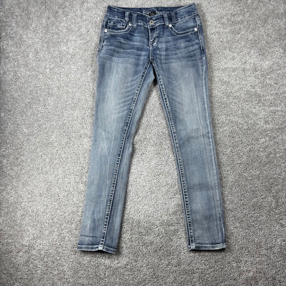 Ariya Jeans Novara Skinny Low Rise Blue Denim Thick Stitch Flap Pocket Size 5/6
